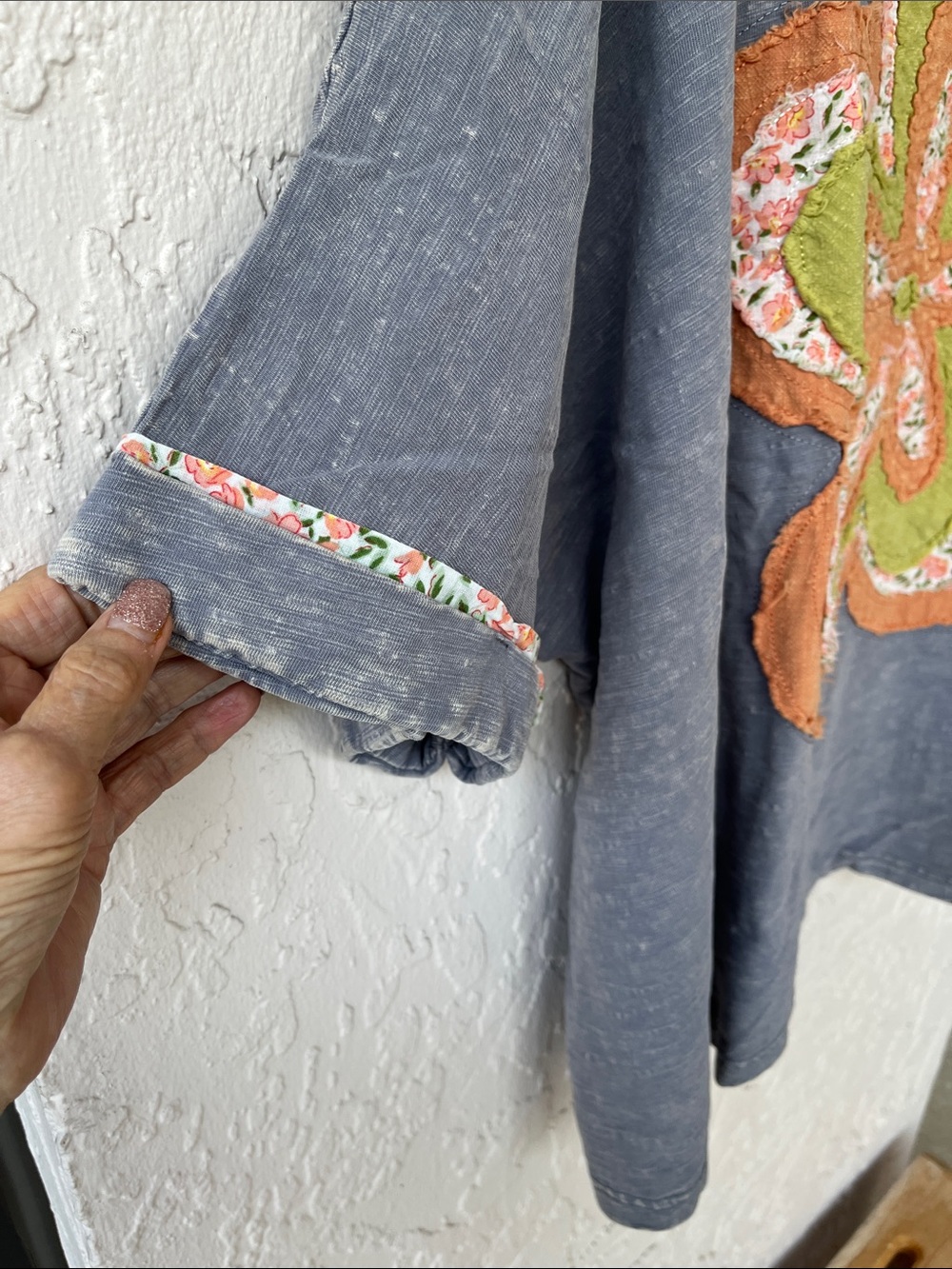 Easel Muted Periwinkle Tee w/Textured Floral Appliqué & Floral Trimmed Sleeves - Picture 10 of 11